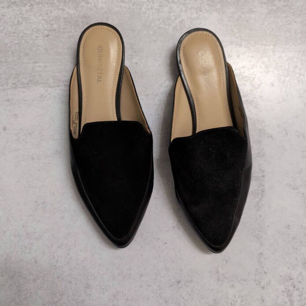 Gunmetal Carlen Black Slip On Low Block Heel Textured Vamp Classic Mules 8½ 8.5